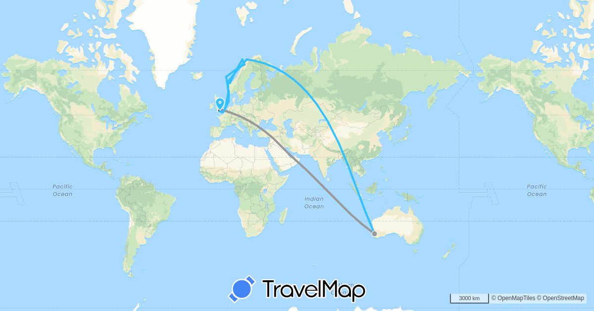 TravelMap itinerary: driving, bus, plane, boat in Australia, United Kingdom, Guernsey, Norway, Qatar (Asia, Europe, Oceania)